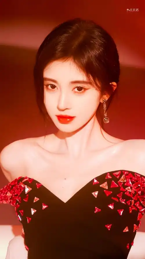 鞠婧祎黑色红钻抹胸裙