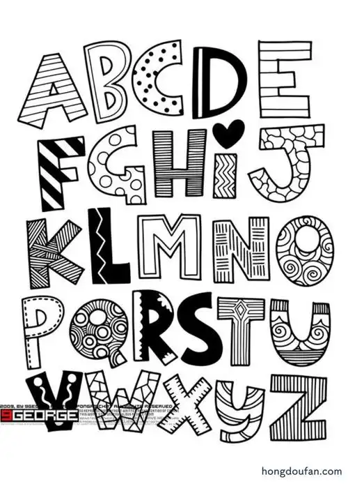 9张黑白手绘英文字母英文标题简笔画