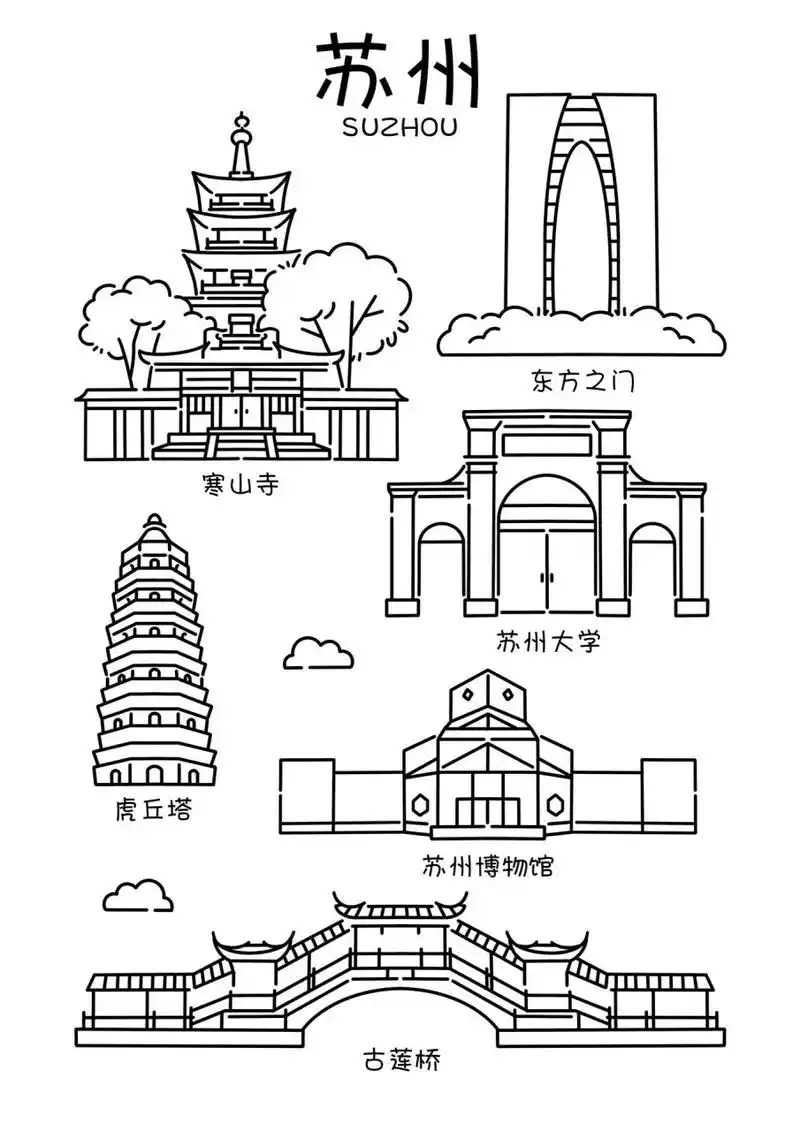 城市地标建筑系列插画/手绘简笔画 08第十四站-苏州: 寒山寺 东方之