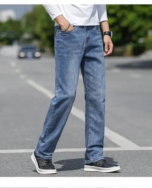 21秋冬男士宽松大码牛仔裤直筒中弹蓝色棉休闲长裤商务休闲牛仔裤