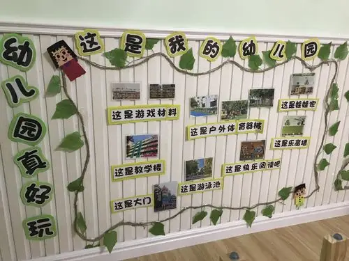 因此,我们的主题墙"幼儿园真好玩"分为三个板块:这是我的幼儿园