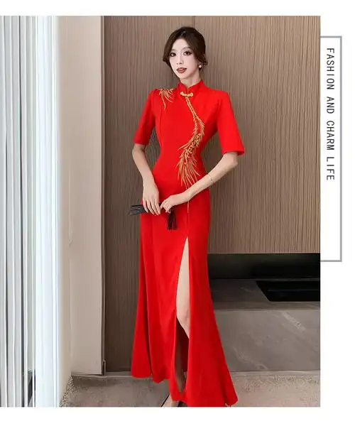 实拍2024夏新款刺绣改良旗袍晚礼服高贵气质优雅鱼尾开叉连衣裙