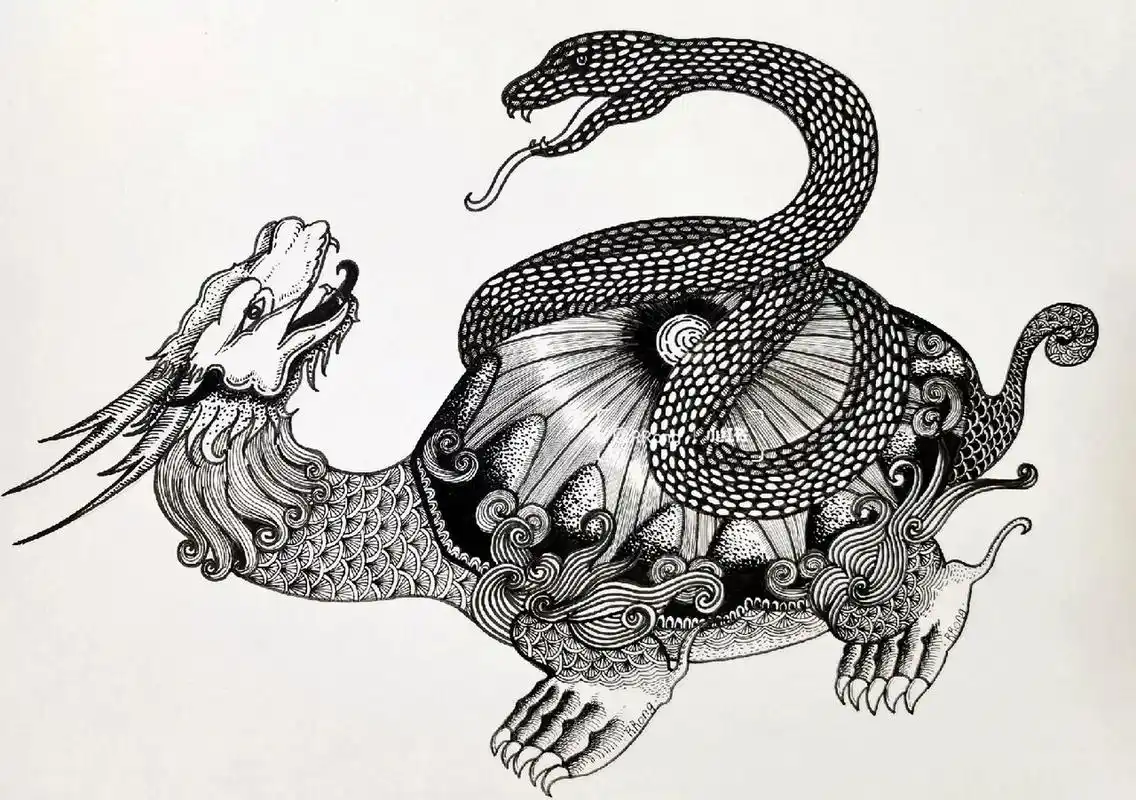 线描 山海经异兽·玄武(4) 线描原创  山海经  玄武 素材参考 @&旧梦