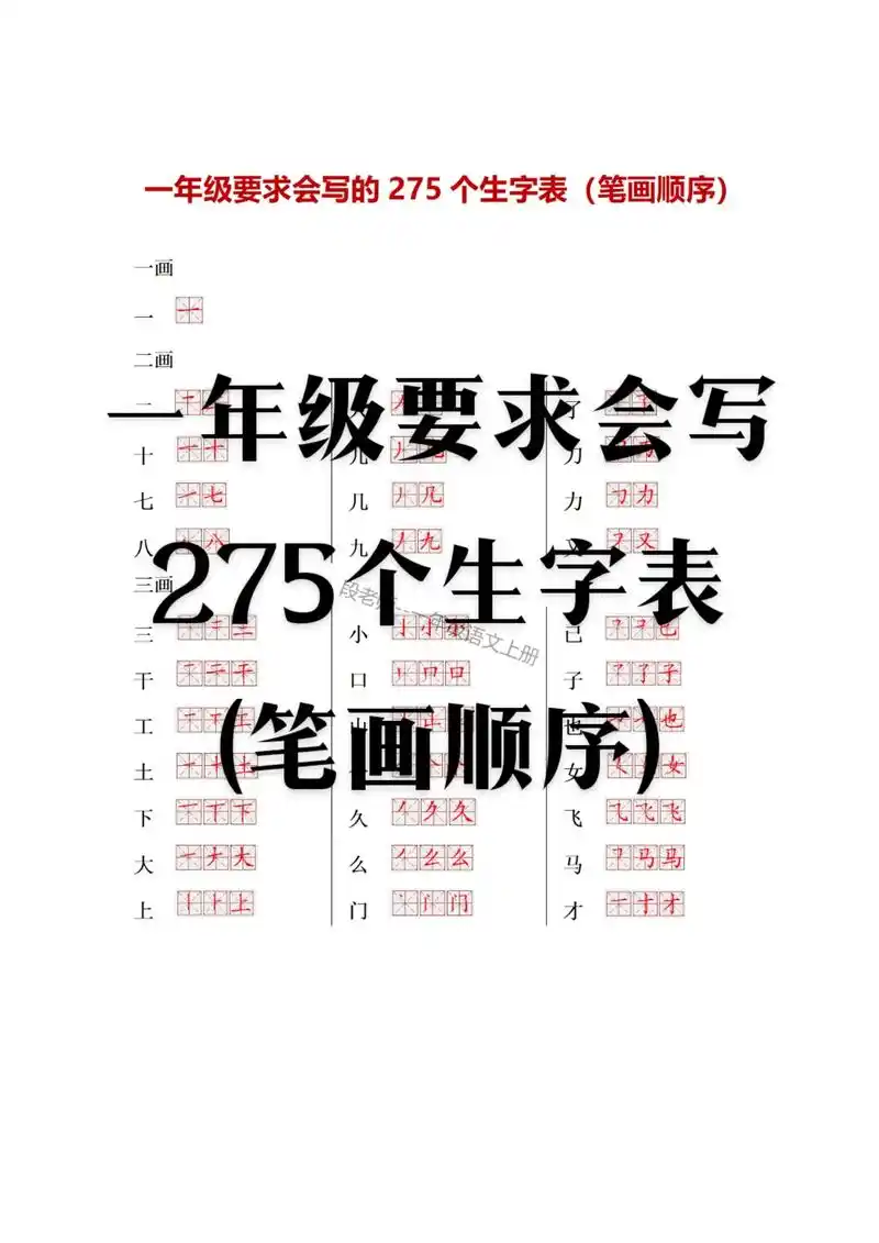 一年级要求会写的275个生字表(笔画顺序),家长收藏#一年级 - 抖音