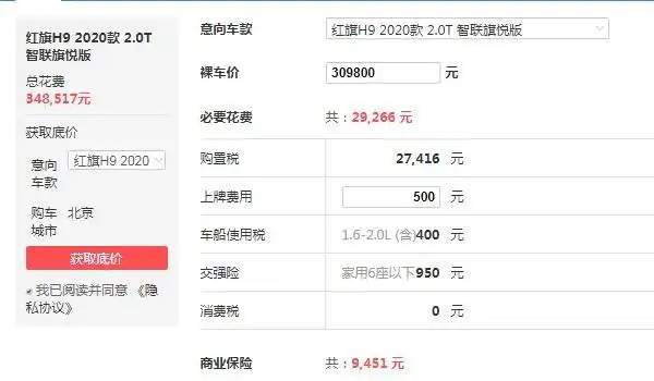 我们以红旗h9 2020款 2.0t智联旗享版为例,除去裸车价30.