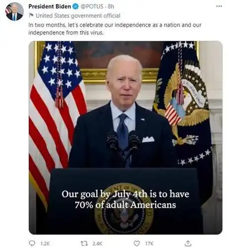拜登新目标独立日前16亿美国人获得疫苗完全接种