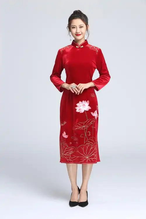 一口价清丝绒旗袍秋季婚庆中年女装婆婆妈妈装礼服连衣裙一件代发