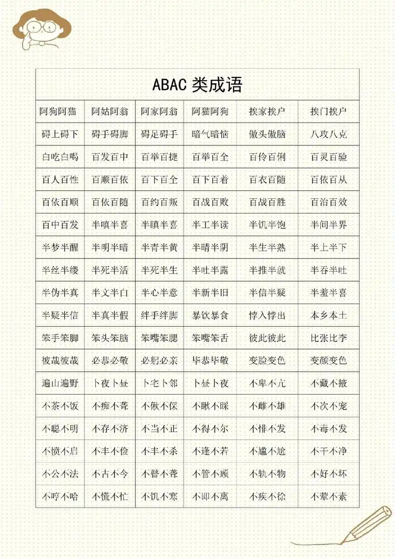 小学abac型成语,共1362个,家长可保存下载#小学语文知识点