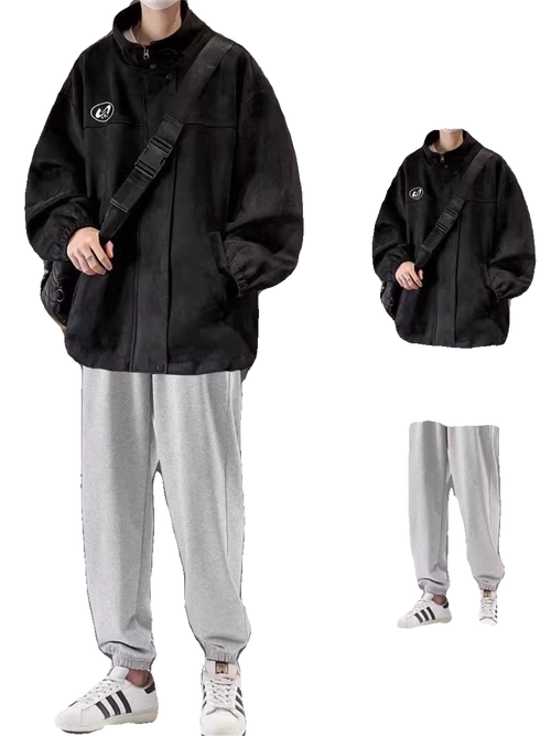 麂皮绒外套棉衣休闲套装男加厚痞帅夹克穿搭潮流三件套秋冬季