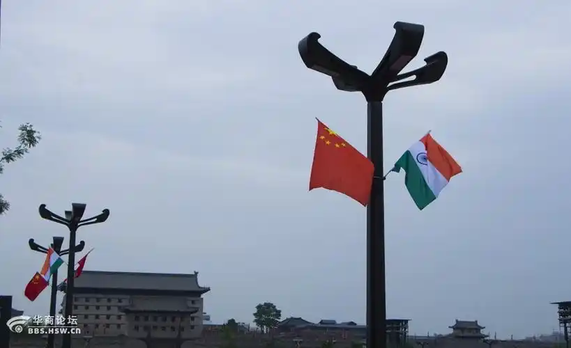南门外灯杆上悬挂的中印两国国旗