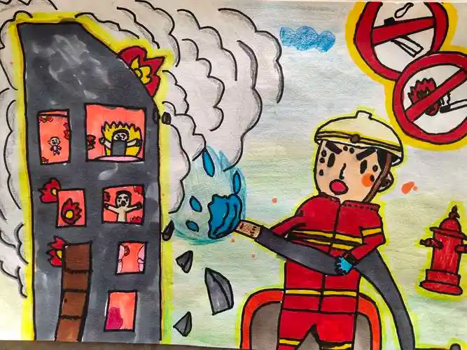 "这是我画的消防员叔叔,因为他们总在火场里灭火很辛苦,所以我给