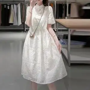 中式立领盘扣白裙子夏短袖薄款刺绣天丝高级感白色连衣裙惊艳气质