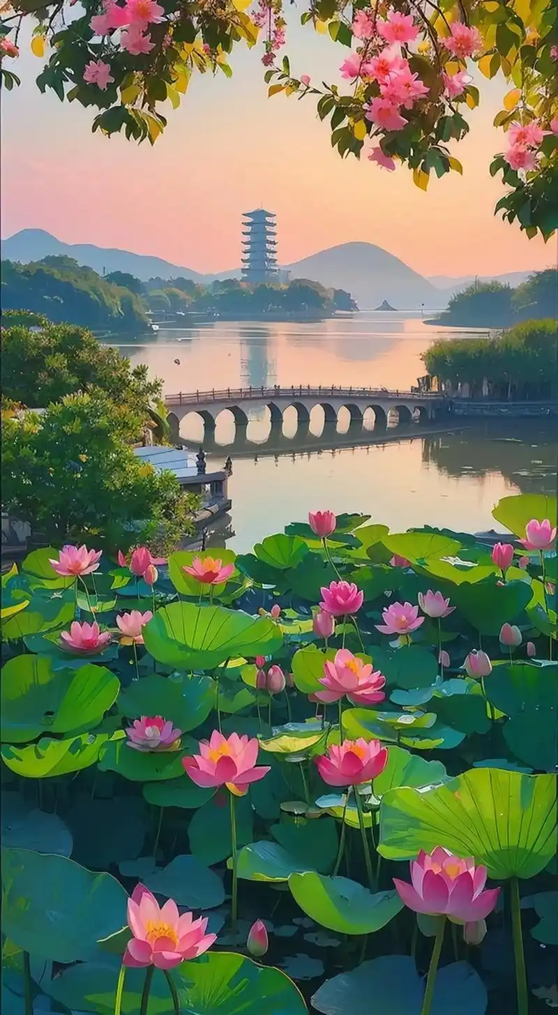 西湖的晚霞蒋荷花与湖面染成了梦幻的色彩荷花在这温暖的光芒中绽