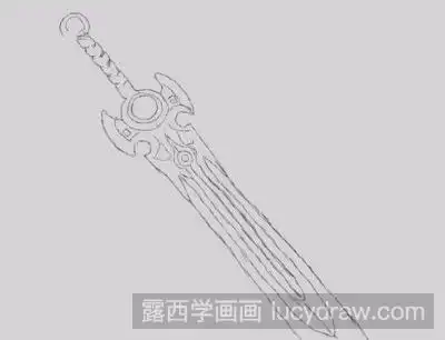高清看图第六步,再在剑把上画出剑把的飘穗,最后我们在整个剑上打上