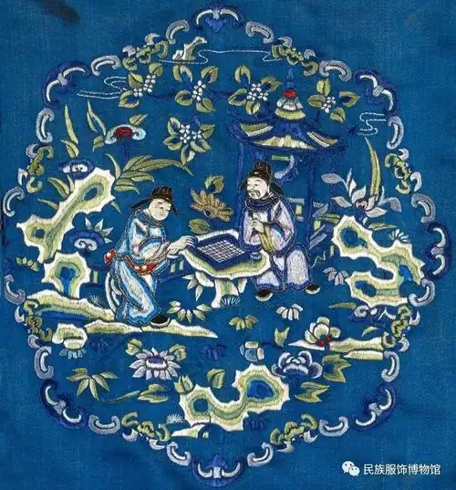 服饰文化】晚清汉族蓝色缎五彩绣十二团窠人物纹广袖女袄中的吉祥纹样