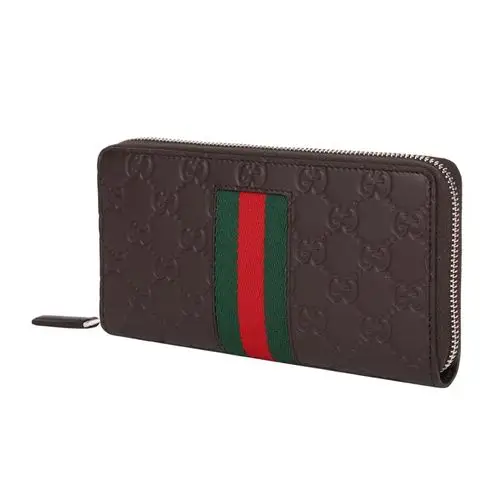 古驰gucci 双g压花男士深棕色经典条纹拉链钱包钱夹长款手拿包 408831