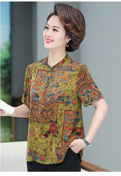 夏天真丝上衣女款中老年人中妈妈夏装衬衫女短袖t恤洋气红色l