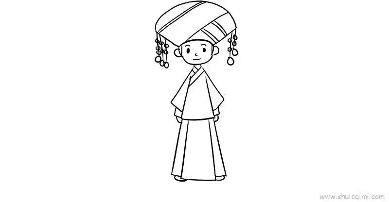 再画眼睛,鼻子,耳朵,嘴巴,再画帽子和衣服;2,然后画少数民族的衣服;3