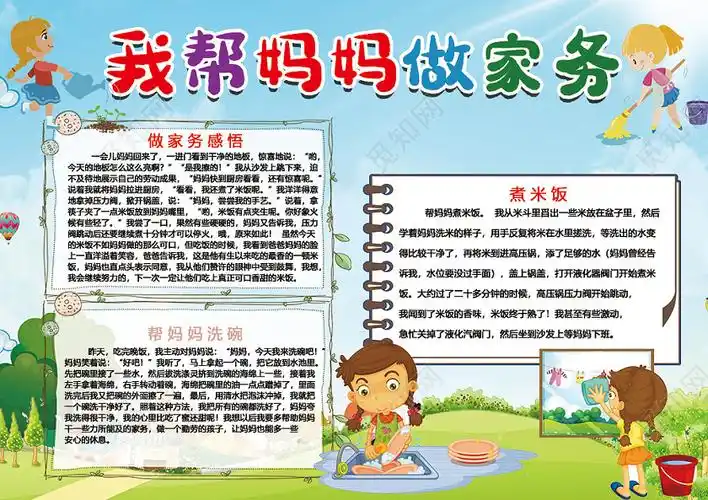 卡通帮妈妈做家务煮饭洗碗小报家务劳动小报手抄报