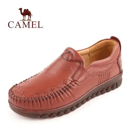 骆驼女鞋秋季子款品牛皮平底柔软舒适单正真中年休闲妈妈鞋camel