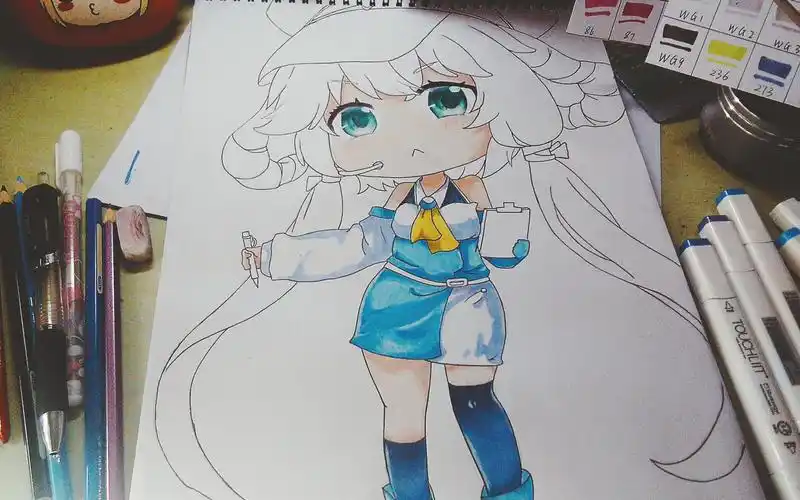 手绘洛天依马克笔彩铅绘画过程