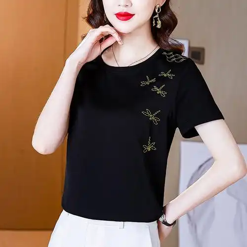 黑色短袖恤女夏季宽松薄款纯棉拼接冰丝上衣t恤