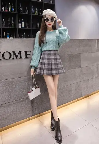 毛呢奶茶格子百褶裙a字裙女春秋冬高腰学生ulzzang夏半身裙子短裙