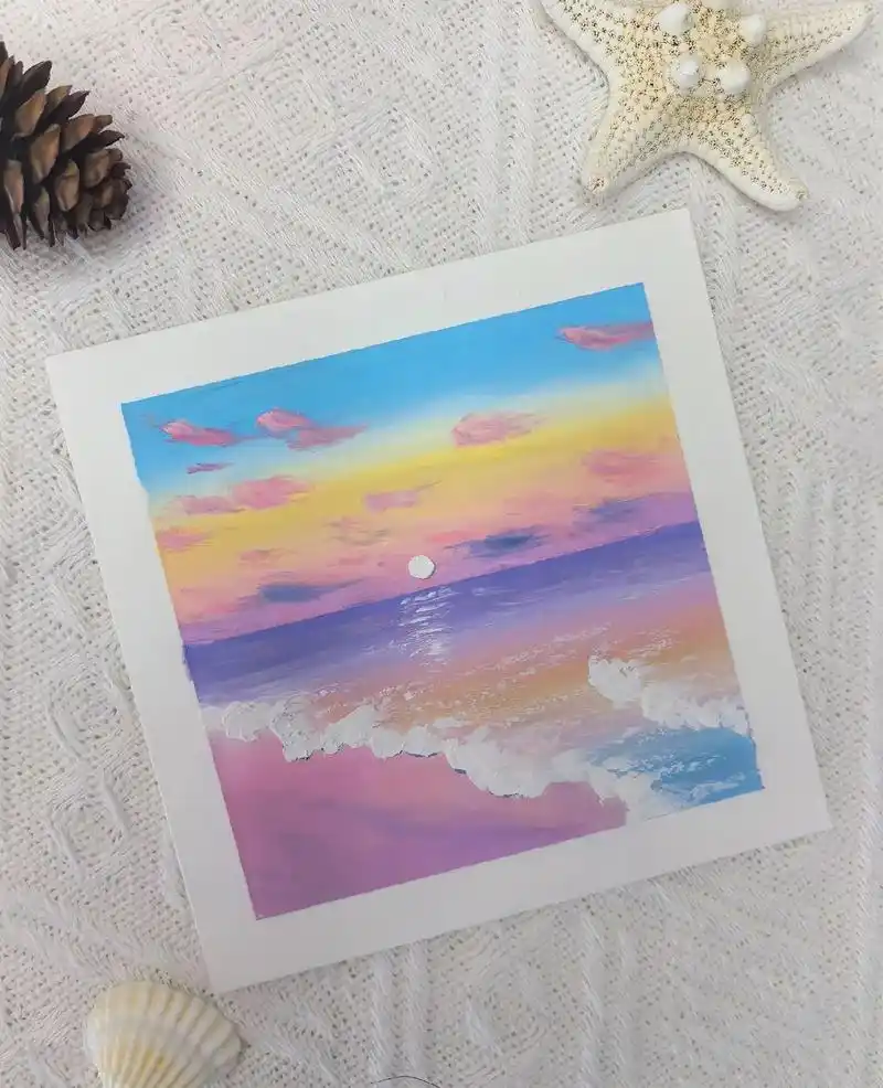 油画棒/马卡龙的海滩(附教程)#创作灵感 #油画棒画风景教程 - 抖音