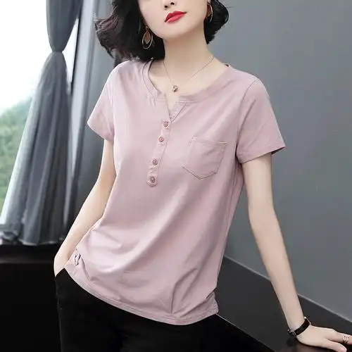 短袖女士2021新款大码半袖t恤中年40岁妈妈上衣夏装纯棉薄款上衣