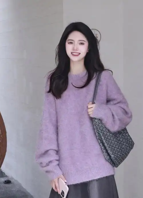 秋冬温柔风紫色毛衣女小众设计感2023新款日系慵懒复古针织上衣 - 17