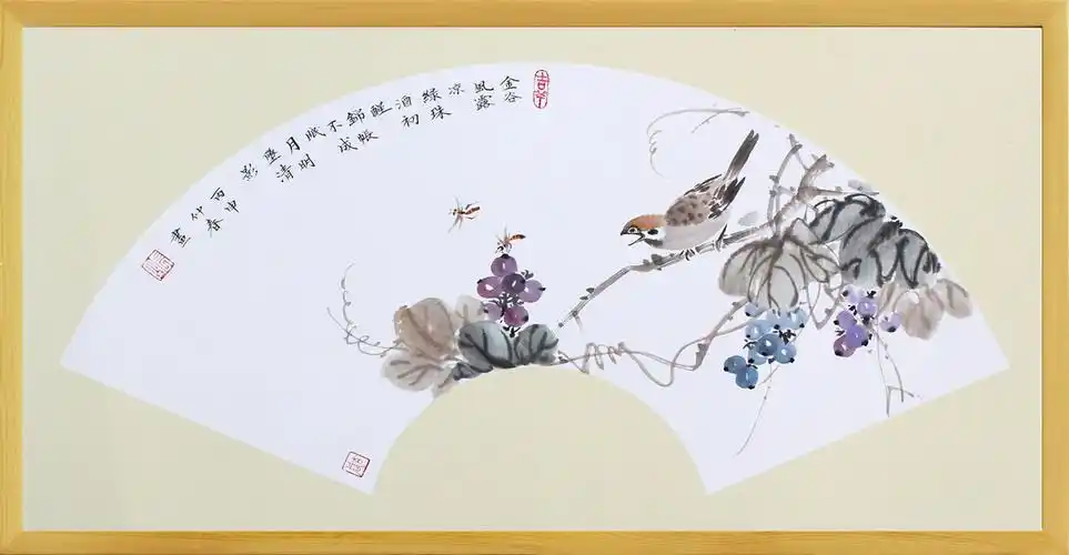 rg0060-sh5575-斗方手绘长空写意花鸟扇形花鸟国画手绘花鸟扇形带卡纸