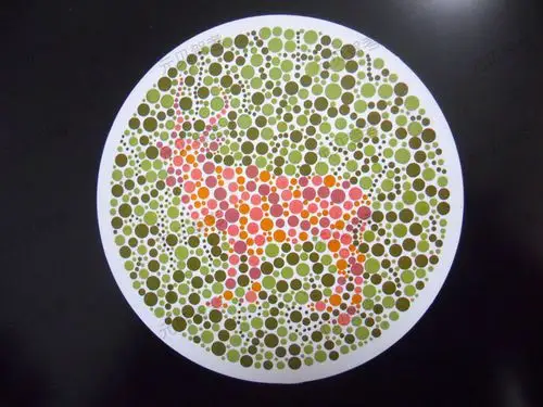 第三张色盲测试图答案为一只羚羊,色系较浅,对于色盲色弱患者来说,能