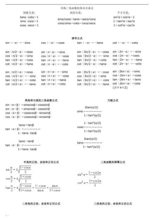 三角函数常用公式表格