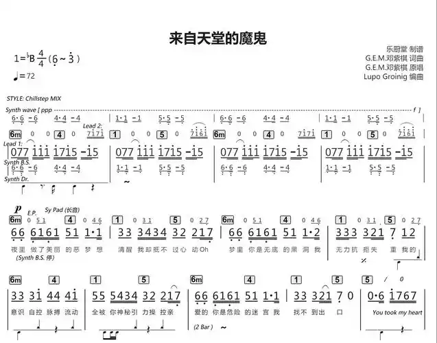 邓紫棋来自天堂的魔鬼标准乐队伴奏总谱吉他谱