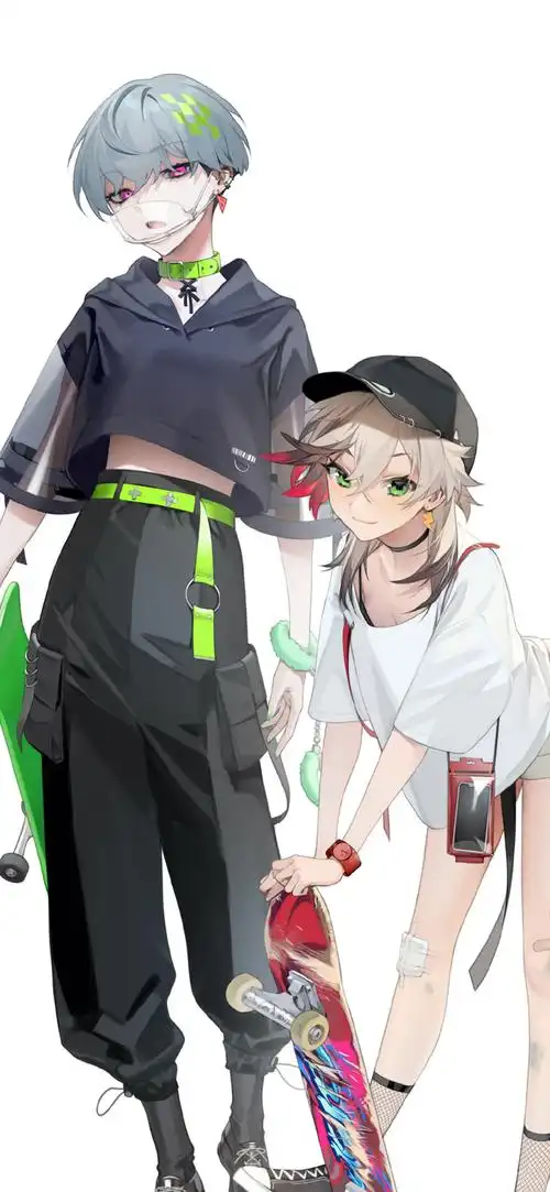 爱滑板的动漫少男少女手绘插画手机壁纸