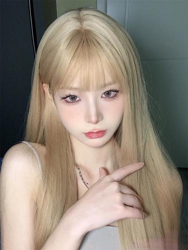 喵系少女馆白金色假发女长发时尚女团发色全头套式粉色假发长直发