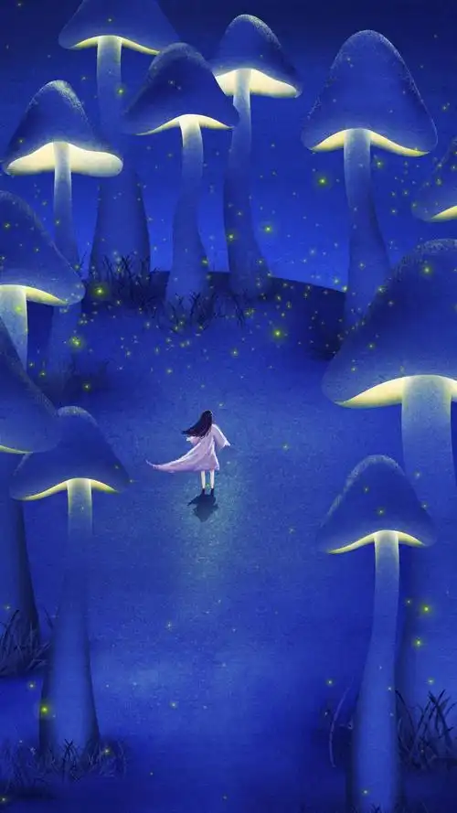 梦境夜晚渐变奇幻蘑菇女孩插画