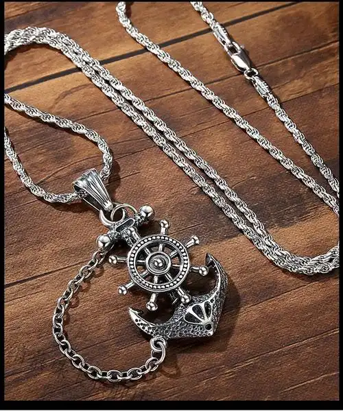 银复古船锚项链925银男士时尚霸气潮海盗吊坠挂饰品配饰个性挂坠 船锚