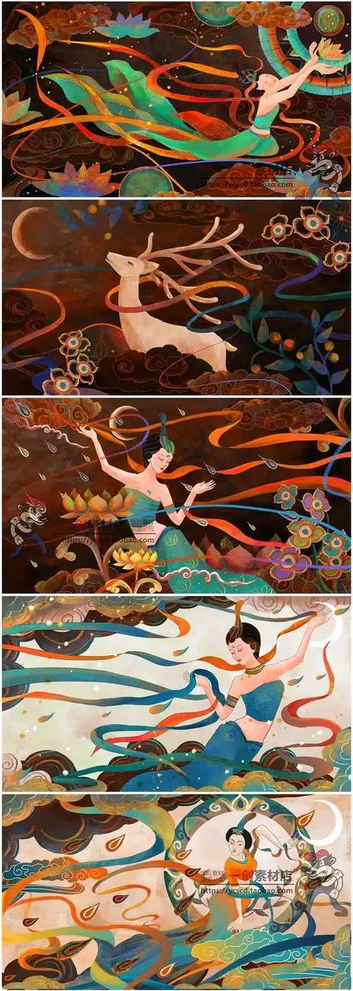 101中国风国潮古典飞天仕女鹿莲花敦煌莫高窟壁画图腾插画psd素材淘宝