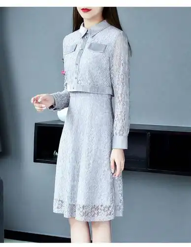 施悦名 2019春新款蕾丝连衣裙气质女洋气超仙收腰显瘦翻领a字裙