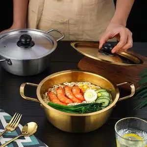韩国拉面锅不锈钢金色泡面锅韩式网红双耳方便面锅电磁炉煮面锅
