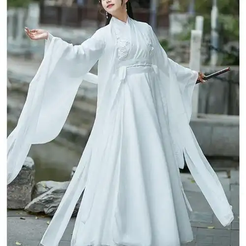 白色汉服女仙气飘逸古风超仙学生中国风广袖清新淡雅套装仙女古装