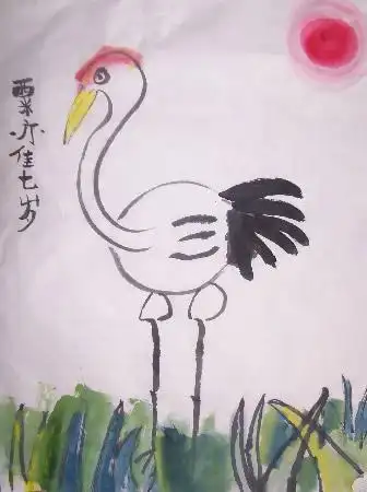 儿童动物国画作品-优美丹顶鹤_国画-查字典幼儿网儿童画