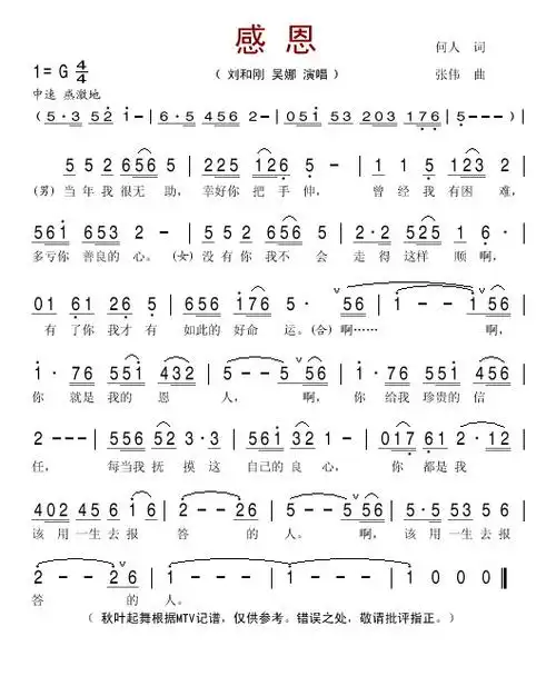 感恩 曲谱 简谱 歌谱 琴谱 总谱 音乐教程