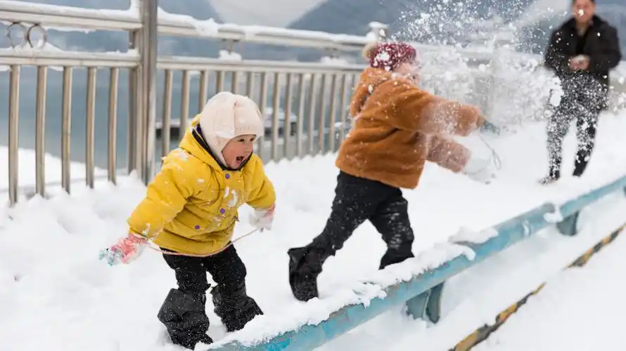 客照下雪了一家人堆雪人打雪仗