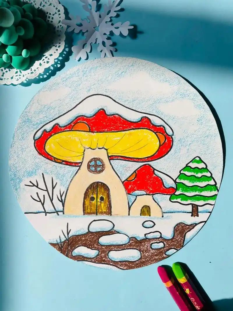 雪地里的蘑菇小屋.儿童简笔画#创意美术 #儿童绘画#图文伙伴 - 抖音