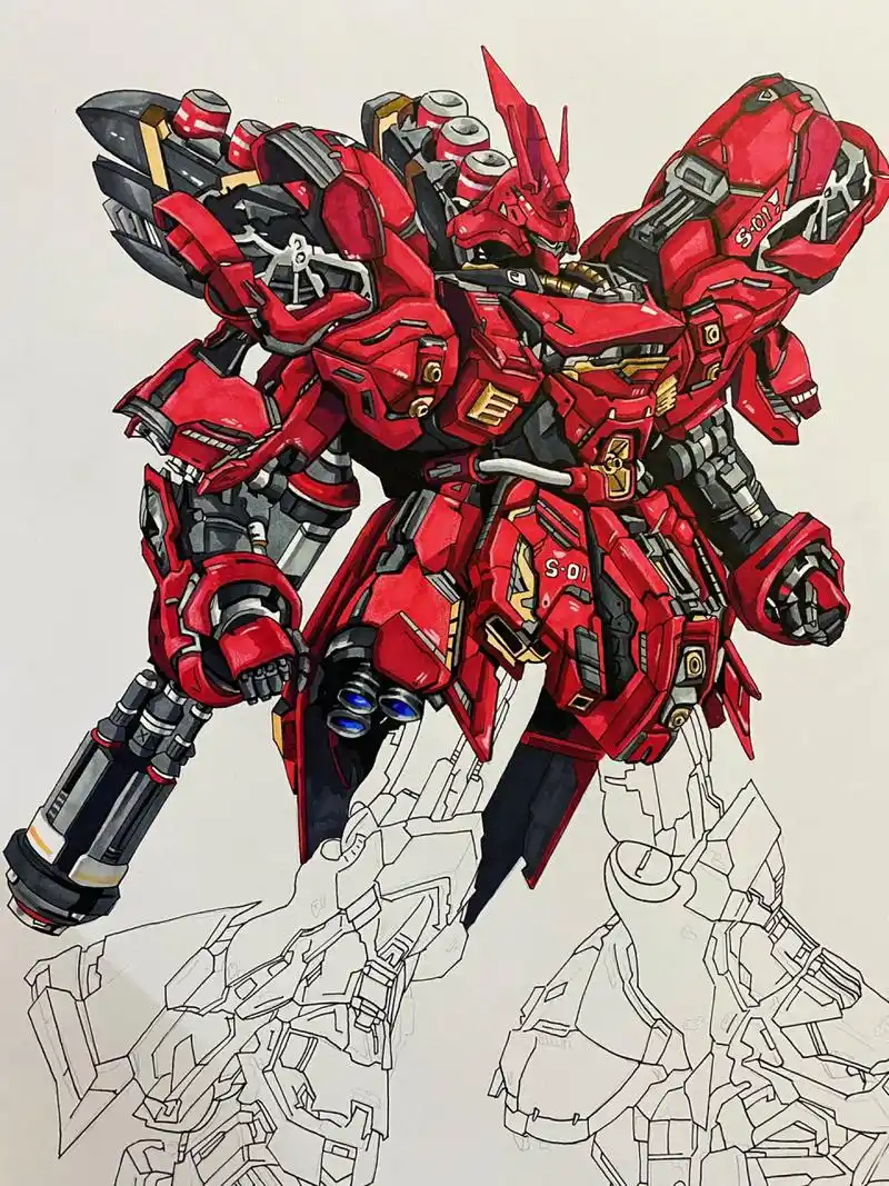 马克笔手绘高达 步骤更新 这两天有点懒 应该早就画完的 拖到现在没画