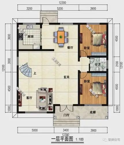 二层布局说明:三室一厅两卫,楼梯换成直角三跑型,主卧室内设主卫,室外