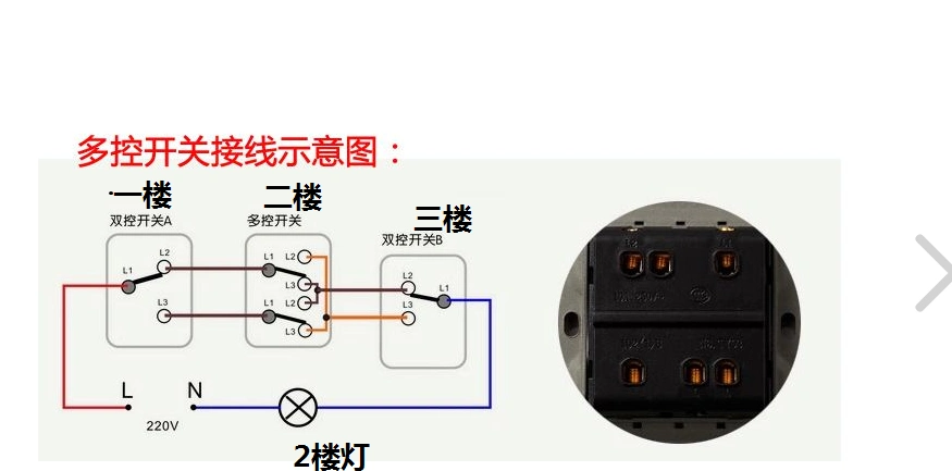 三控三位三灯中途开关接线图