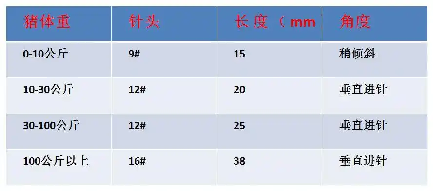 1.针头型号对比猪只重量选好针头